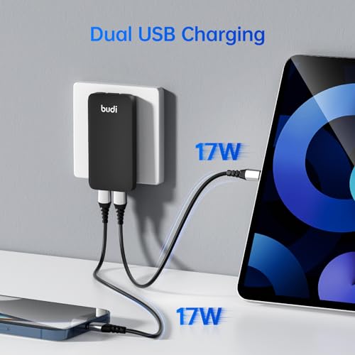 BUDI 17W Extra Slim Portable Wall Charger 2-Port USB-A Charger Foldable Wall Plug Compatible with Home Camera, iPhone IPad Samsung Galaxy(Black USB-A) - color: 17W USB-A - Black