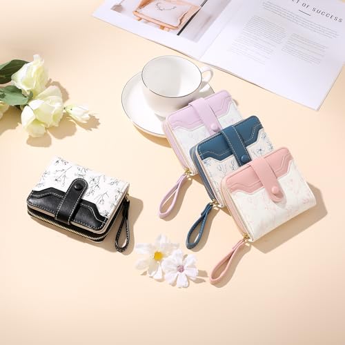 GAEKEAO Womens Wallet Slim Thin RFID Blocking Floral Leather Card Holder Bifold Long Ladies Wallet with Zipper Pocket - color: A02-Black & White
