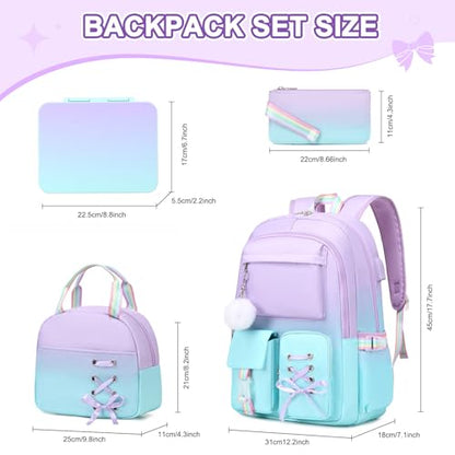 Scothen 4Pcs Backpacks for Girls with 44oz Lunch Box & Lunch Bag - color: Purple Blue