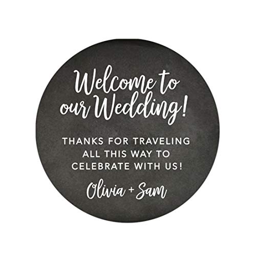 Andaz Press Personalized Out of Town Bags Round Circle Gift Labels Stickers, Welcome to Our Wedding Thanks for Traveling to Celebrate with Us, Chalkboard, 40-Pack, Custom for Destination OOT - color: Chalkboard Label Custom