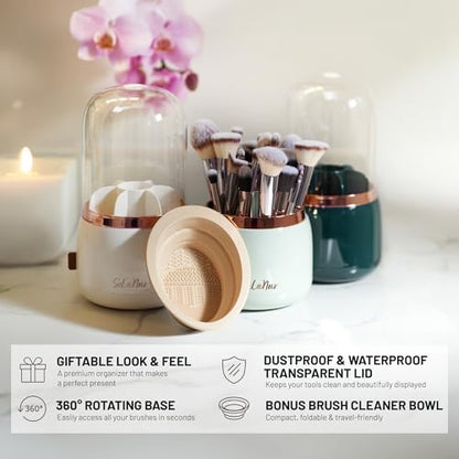 Rotating Makeup Brush Holder with Lid Dustproof Vanity Organizer for Makeup Brushes, Bonus Foldable Makeup Brush Cleaner Bowl Included - color: White