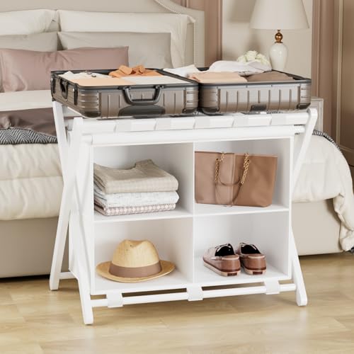 White Bamboo Luggage Rack with 4 Storage Compartments, Foldable Suitcase Stand, Luggage Rack for Guest Room, 150lbs Capacity, Sturdy - color: White 1 Pcs