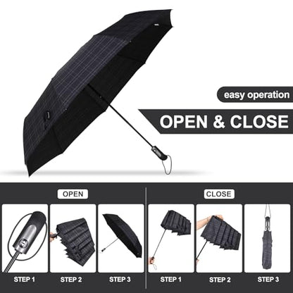 54 inch Large Compact Travel Umbrella 3 Folding Umbrellas for Rain Oversized Auto Open Close Foldable Vented Double Windproof Telescopic 9 Ribs Sturdy Large Size - color: Checked(293)
