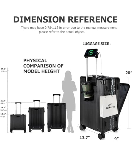 feilario PC Hardside Carry On Luggage, Aluminum Frame, TSA Lock, Cup Holder - color: A2-Jet Black (zipperless closure), size: 20.8"