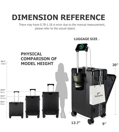 feilario PC Hardside Carry On Luggage, Aluminum Frame, TSA Lock, Cup Holder - color: A2-Jet Black (zipperless closure), size: 20.8"