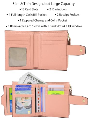 Women's RFID Blocking Leather Small Compact Bi-fold Zipper Pocket Wallet Card Case Purse with id Window - color: Lichee Pink