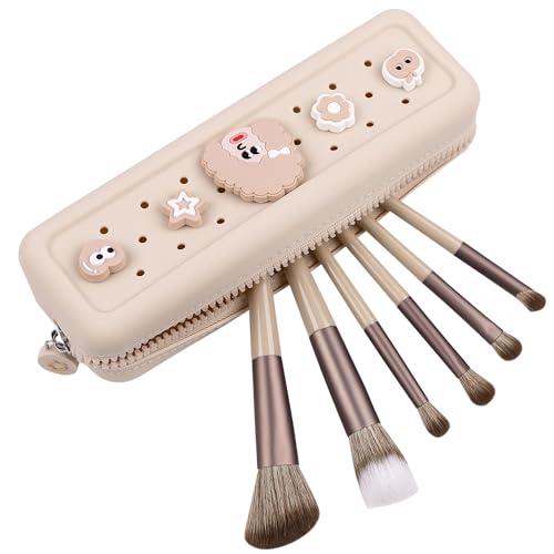 Makeup Brush Pouch with Charms Cosmetic Organizer Bag (Beige) - color: Beige