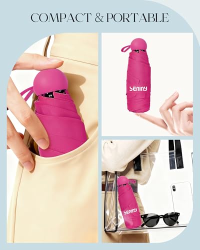 Seniny Mini Travel Umbrella with Case, Compact Pocket Size UV Sun & Rain - color: Pink