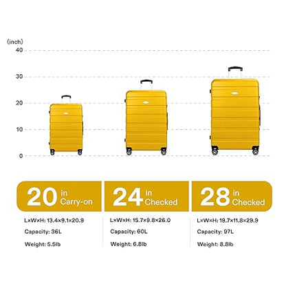 Luggage Sets Hardside Lightweight Suitcase with Spinner Wheels TSA Lock, 3-Piece Set (20/24/28) - color: Yellow