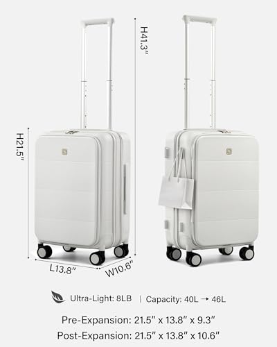 Hanke Hardside Expandable Carry On Luggage, 20 Inch Top Opening Suitcase - color: Smoke White, size: 20 Inch EXT