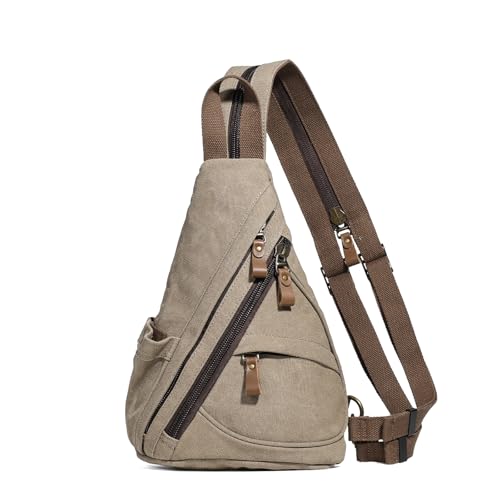 KL928 Canvas Sling Bag Small Crossbody Purse Casual Backpack for Men Women | Wear-resistant Canvas, multi carry styles, organized multi-pocket, great for commute hiking travel, nice gift for men women - color: 6881m-khaki