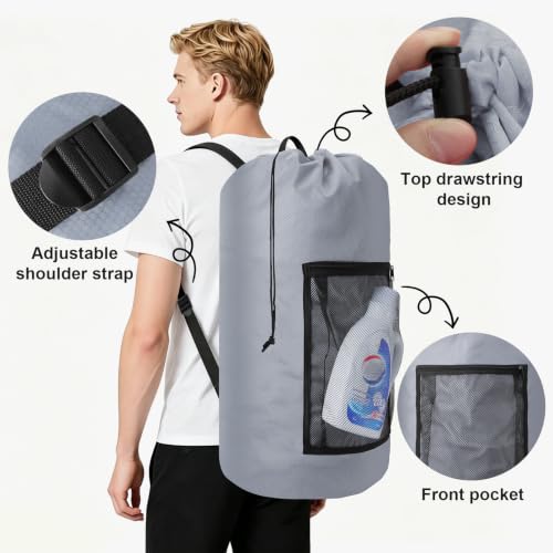Laundry Backpack Portable Travel Laundry Bags with Straps and Mesh Pocket - color: Gray, size: 1 Pack