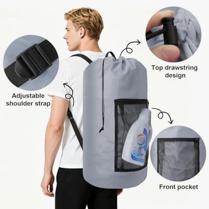 Laundry Backpack Portable Travel Laundry Bags with Straps and Mesh Pocket - color: Gray, size: 1 Pack