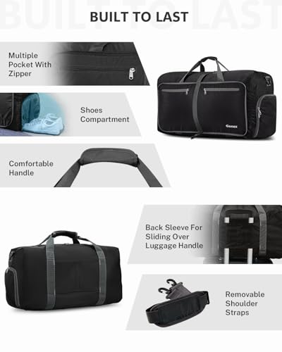 Gonex 60L Foldable Travel Duffle Bag with Shoe Compartment, Lightweight - color: Black, size: 60L