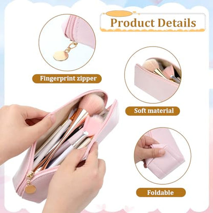 Prasacco Leather Makeup Brush Bag With Zipper, Portable Travel Cosmetic Organizer Case, Compact Toiletry Pouch For Daily Work Essentials