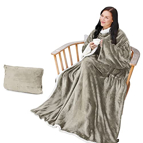Catalonia Sherpa Wearable Blanket with Sleeves Arms - color: Camel