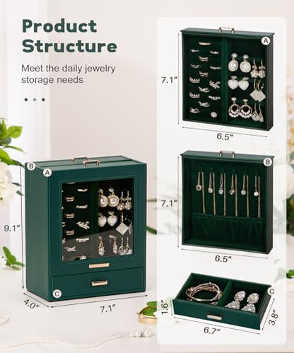 Homde Display Jewelry Box for Girls: Starter Organizer with Clear Window - color: Forest Green + Gold