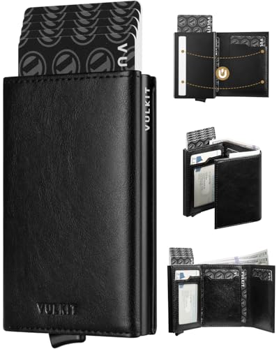 VULKIT Pop up Card Wallet Minimalist Cash Wallets RFID Blocking Leather Smart Credit Card Holder with ID window for Men(Black) - color: Black