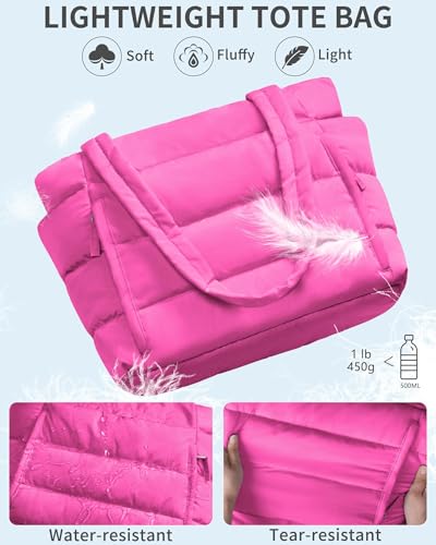 Bagstellar Puffer Tote Bag for Women, Lightweight Puffy Travel Gym Work Bag - color: Hot Pink