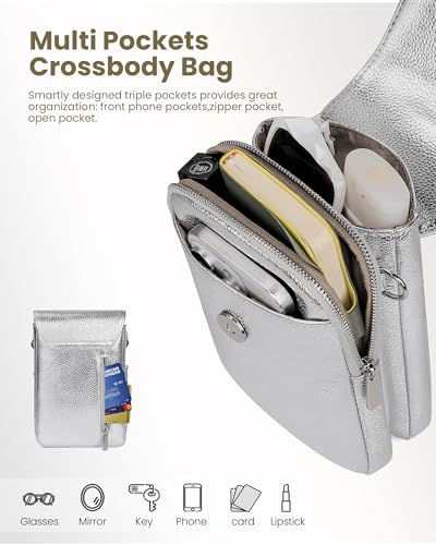 befen Genuine Leather Crossbody Bags for Women, Cell Phone Cross body Purse Bag with RFID Blocking Card Slots - color: Silver