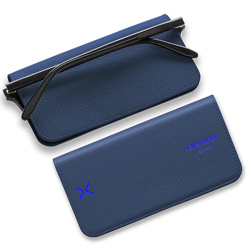 Luxury Slim Leather Glasses Case | Handmade Full-Grain Leather Eyewear Wrap with Magnetic Closure & Gift Box - color: Blue