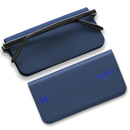 Luxury Slim Leather Glasses Case | Handmade Full-Grain Leather Eyewear Wrap with Magnetic Closure & Gift Box - color: Blue