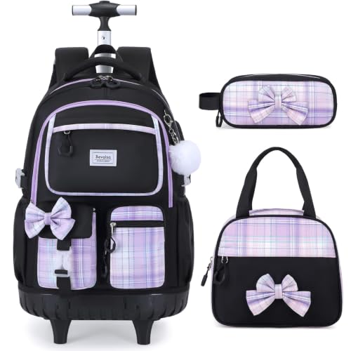 Bevalsa Rolling Backpack for Girls, Roller Backpack with Wheels | Cute Bow Plaid Wheeled School Bookbag Set with Lunch Bag & Pen Case, Suitcases for Kids Teens Elementary Middle Student - color: Black Purple
