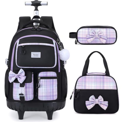 Bevalsa Rolling Backpack for Girls, Roller Backpack with Wheels | Cute Bow Plaid Wheeled School Bookbag Set with Lunch Bag & Pen Case, Suitcases for Kids Teens Elementary Middle Student - color: Black Purple