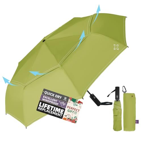 Windproof Travel Umbrella, Compact auto open/close Umbrellas for Rain - color: Green