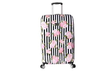 Betsey Johnson 26 Inch Checked Luggage Collection - Expandable Scratch Resistant (ABS + PC) Hardside Suitcase - Designer Lightweight Bag with 8-Rolling Spinner Wheels (Stripe Roses) - color: Stripe Roses