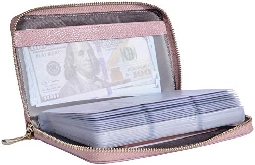 Easyoulife Credit Card Holder Wallet Womens Zipper Leather Case Purse RFID Blocking - color: Bean Pink