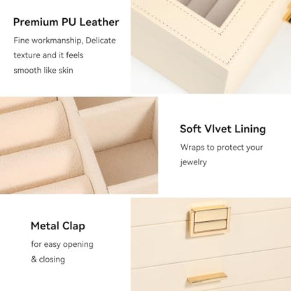 Voova 3-Layer PU Leather Jewelry Box with Glass Lid, Apricot - color: Apricot three-layer, size: 3 Layer