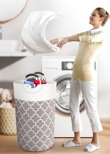 Large Laundry Basket, 82L Tall Collapsible Hamper with Handles, Khaki - color: Khaki, size: 82l