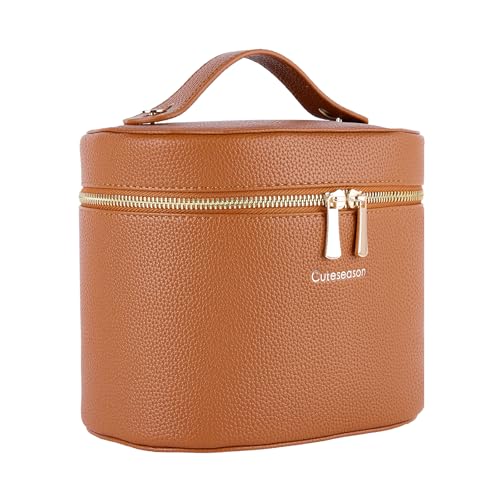 Makeup Bag with Removable Organizer Insert, PU Leather Travel Cosmetic Case with Brush Storage and Carry Handle (Light Brown) - color: Light Brown