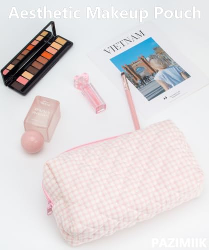 PAZIMIIK Small Quilted Makeup Bag,Zipper Cosmetic Pouch,Gingham Pink - color: Gingham Pink