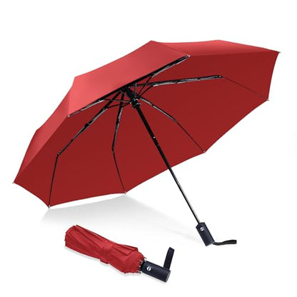 NPCQUN Travel Essentials Umbrella Windproof Compact Collapsible Light, Automatic, Strong and Portable, Wind Resistant Folding Small Umbrella for Rain - color: Red