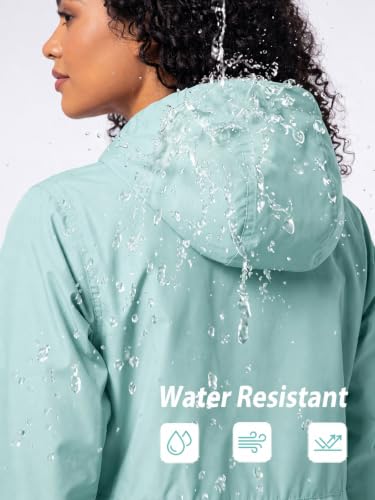 SaphiRose Women's Long Packable Rain Jacket with Hood Waterproof Raincoat - color: Light Green, size: X-Large