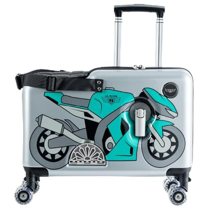 Younglingz LIL FLYER GO Version 2 Ride On Suitcase for Kids | Carry On Luggage with Toddler Seat, Foldable Handlebars, Pedals, and Removable Wheels | Holds up to 80 lbs | Green Motorcycle | Ages 2-6 - color: Green Motorcycle V2