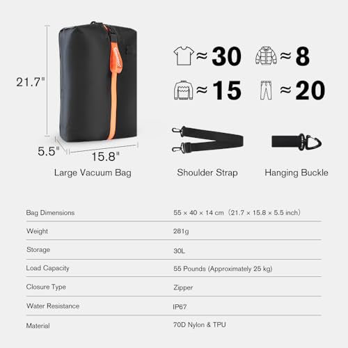 Aerogogo ReZip Vacuum Bags for Travel Luggage Reusable Compression Bags Vacuum Seal Packing cube for Cloth Packing (Large-No pump） - size: Large