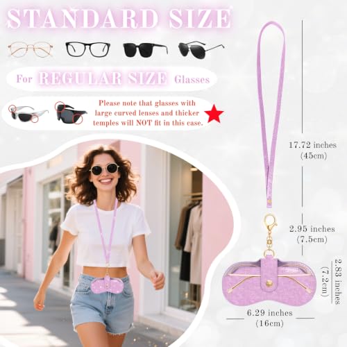 Glitter Glasses Case with Lanyard Soft Leather Sunglasses Bag with Hook - color: Purple
