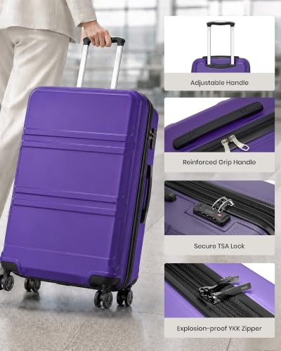 Kono 24 Inch Luggage Suitcase with Spinner Wheels TSA Lock - color: Purple, size: 24-inch Medium-checked