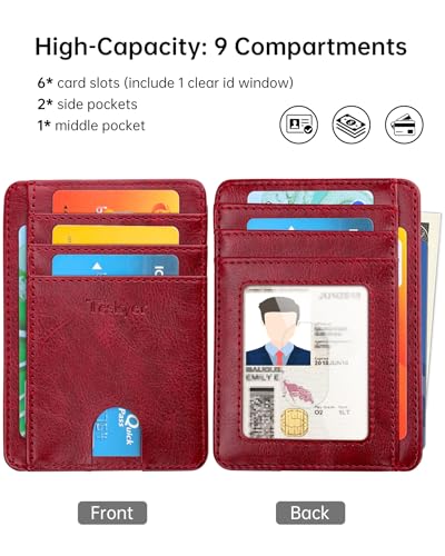 Teskyer Slim Minimalist Wallet for Men, RFID Front Pocket Card Holder - color: Wine Red