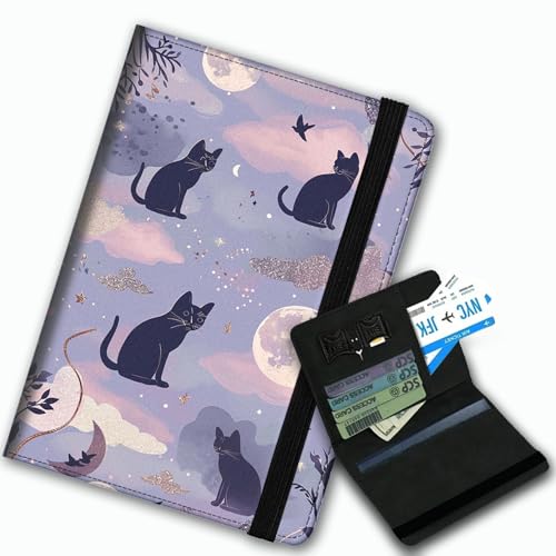 Passport Cover,Multi-Functional Travel Wallet,Stylish & Durable RFID Blocking Passport Holder, Travel Essentials for Men and Women,Cute Cat and Moon - color: Cute Cat and Moon