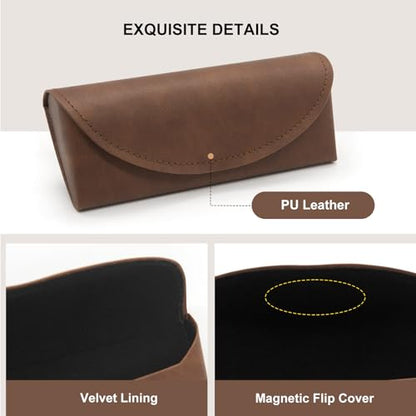 LJCZKA Glasses Case Hard Shell for Women Men, Magnetic Eyeglasses Case PU Leather with Cleaning Cloth for Travel School - color: Dark Brown