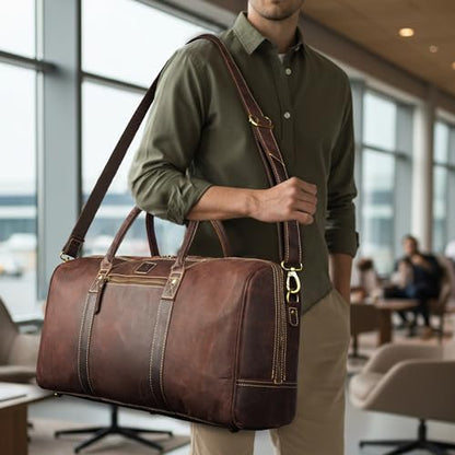 Genuine Leather Duffle Bag for Men & Women – Stylish Travel Weekender Bag with Shoulder Strap – Overnight, Gym, or Carry-On Luggage Bag - Mulburry Brown - color: Mulburry