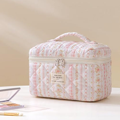 HBselect Quilted Makeup Bag, 3Pcs Cotton Large Travel Makeup Bags Organizer - color: A-3PCS-Floral 25