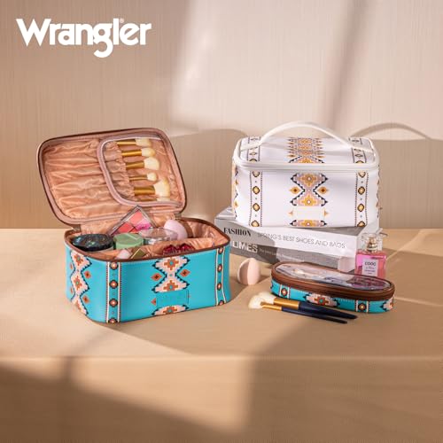 Wrangler Travel Makeup Bag 2pcs Set Cosmetic Bag with Makeup Brush Holder - color: Aztec-Turquoise