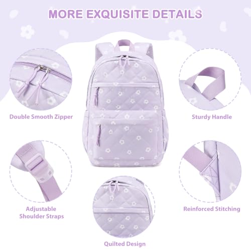 Quilted Backpack for Girls with Lunch Box Pencil Case - color: Purple Flowers