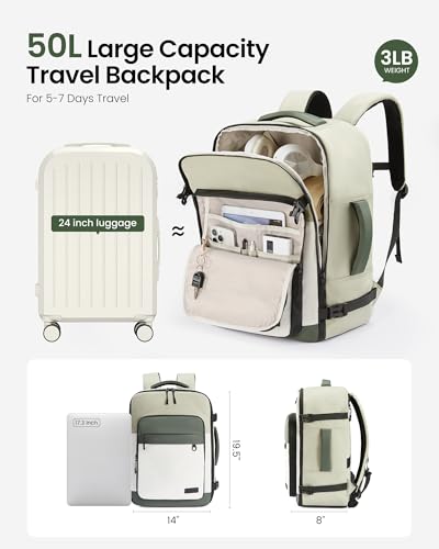 LOVEVOOK 50L Travel Backpack for Women Men, Large Travel Carry on Backpack - color: Pea Green, size: 50L