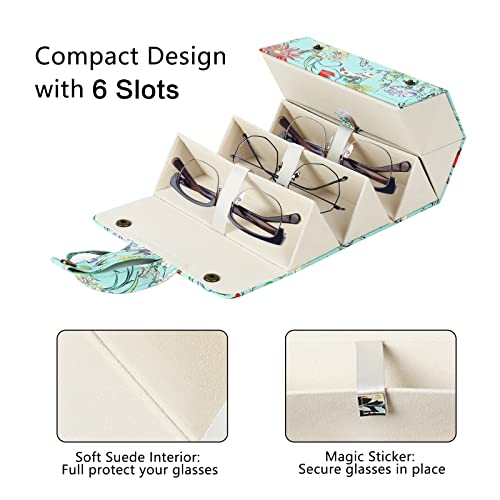 MEGREZ 6 Slots Sunglasses Organizer Box, PU Leather Foldable Eyeglasses Case, Portable Sunglasses Case, Sunglasses Holder - color: Blue-flowers
